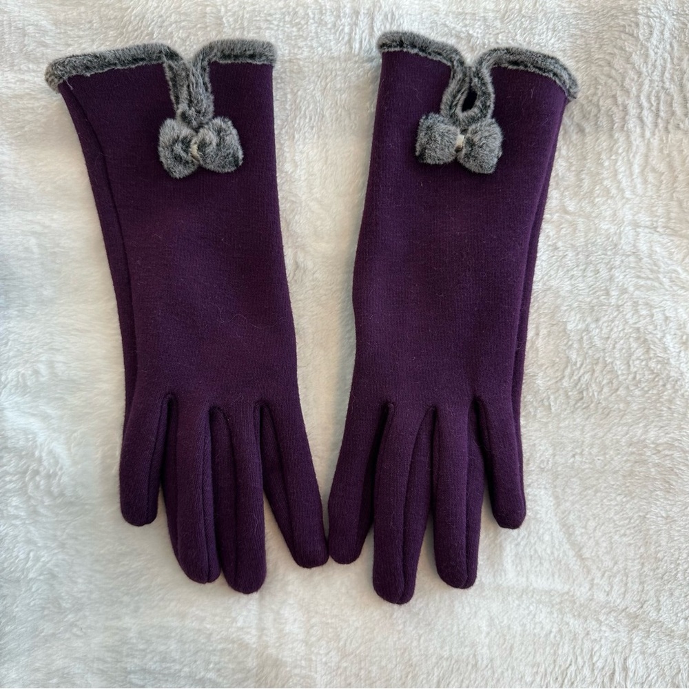 Purple Touch Screen Gloves with Gray Faux Fur Trim